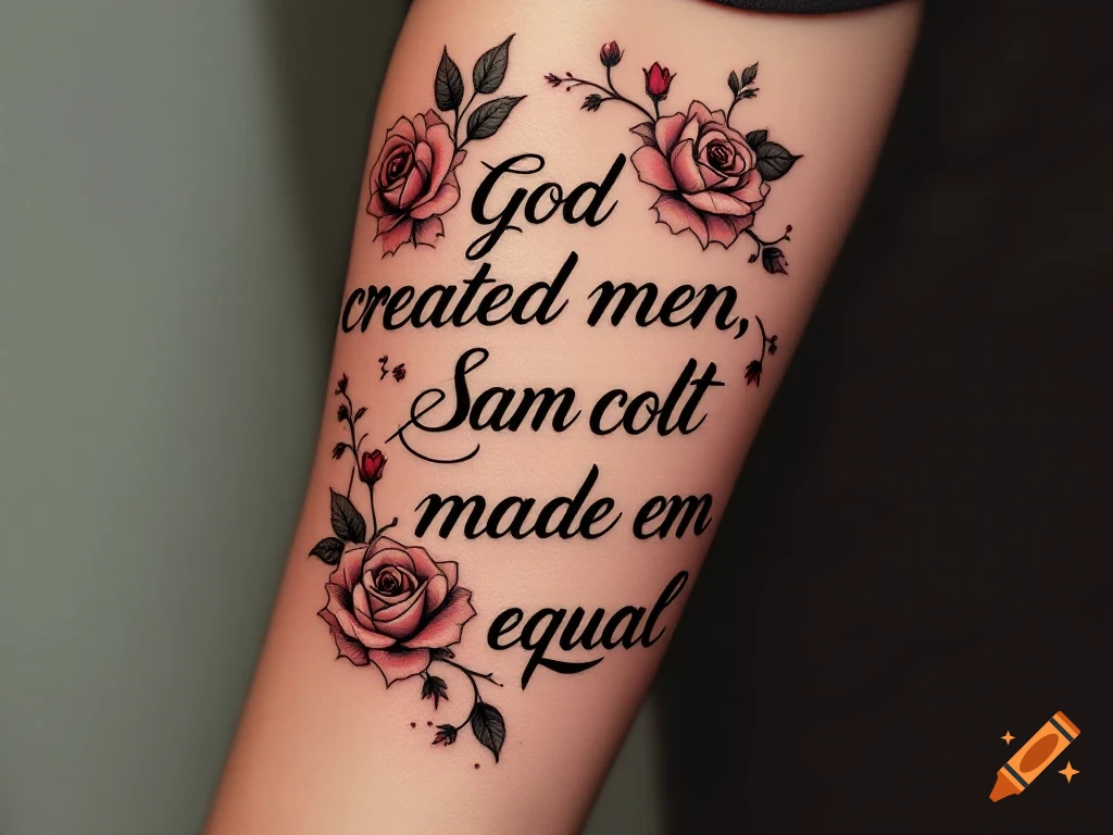 Arm tattoo with text and roses.