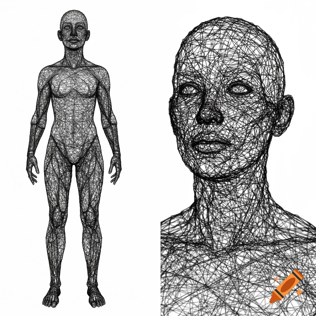 Full body and detailed head views of an androgynous figure made of black wireframe.