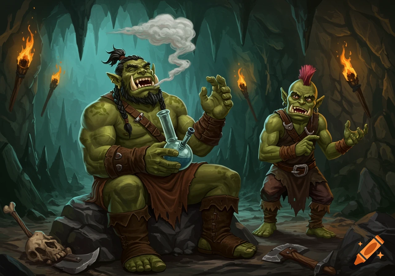 Two orcs in a cave, one smoking a bong, the other looking annoyed. Torches light the scene.
