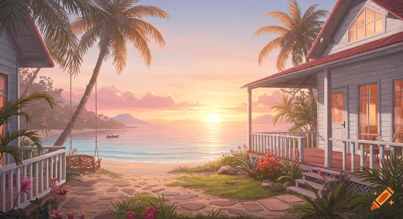 A beach house with a swing and palm trees by the ocean at sunset.