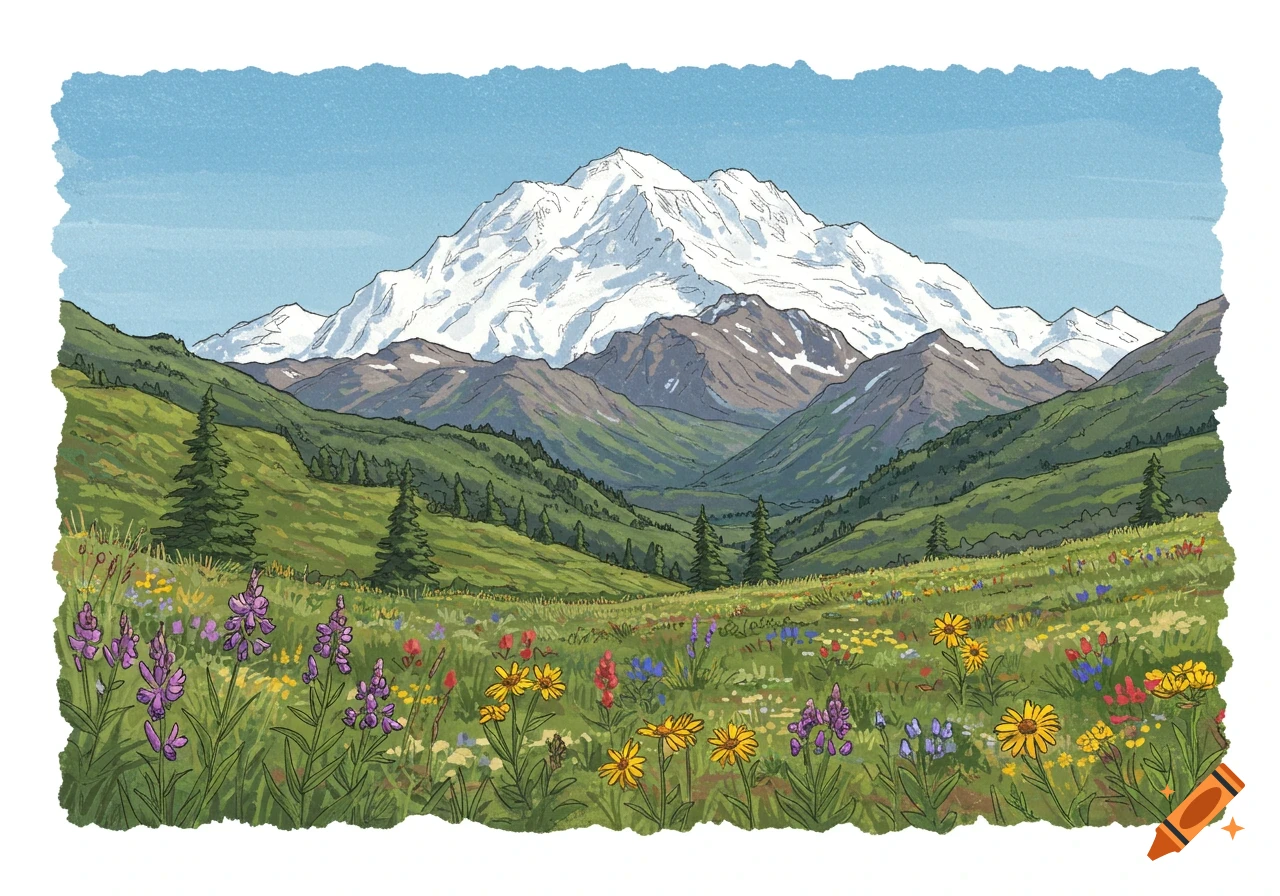 An illustration of a mountain landscape with snow-capped peaks and a field of wildflowers in the foreground.