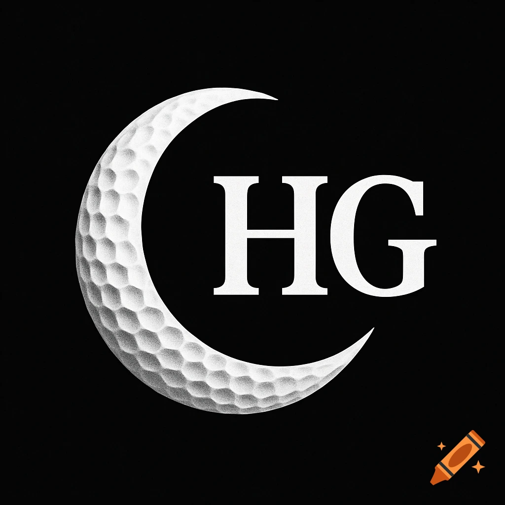 A crescent shape with golf ball texture on a black background, with the white letters HG inside.