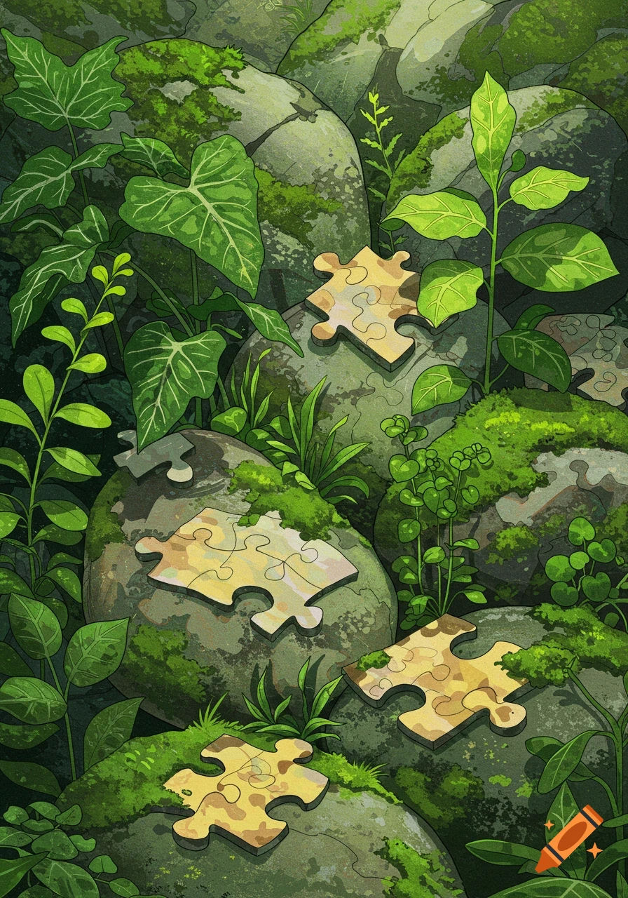 Illustration of puzzle pieces resting on mossy rocks and surrounded by plants.