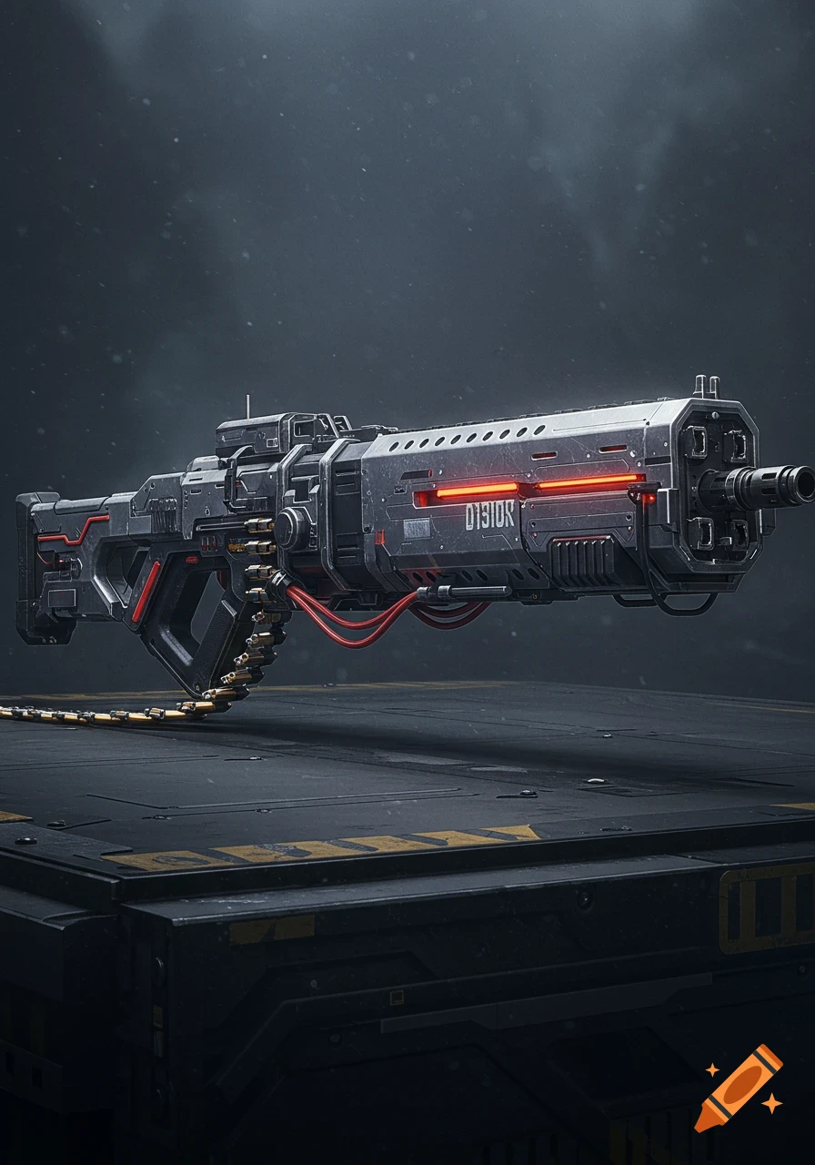 A futuristic heavy machine gun sits on a dark platform.