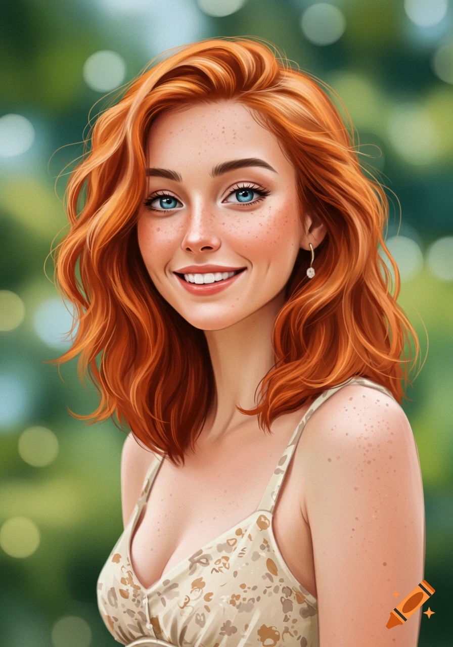 A smiling redhead woman with blue eyes and freckles in a floral dress outdoors