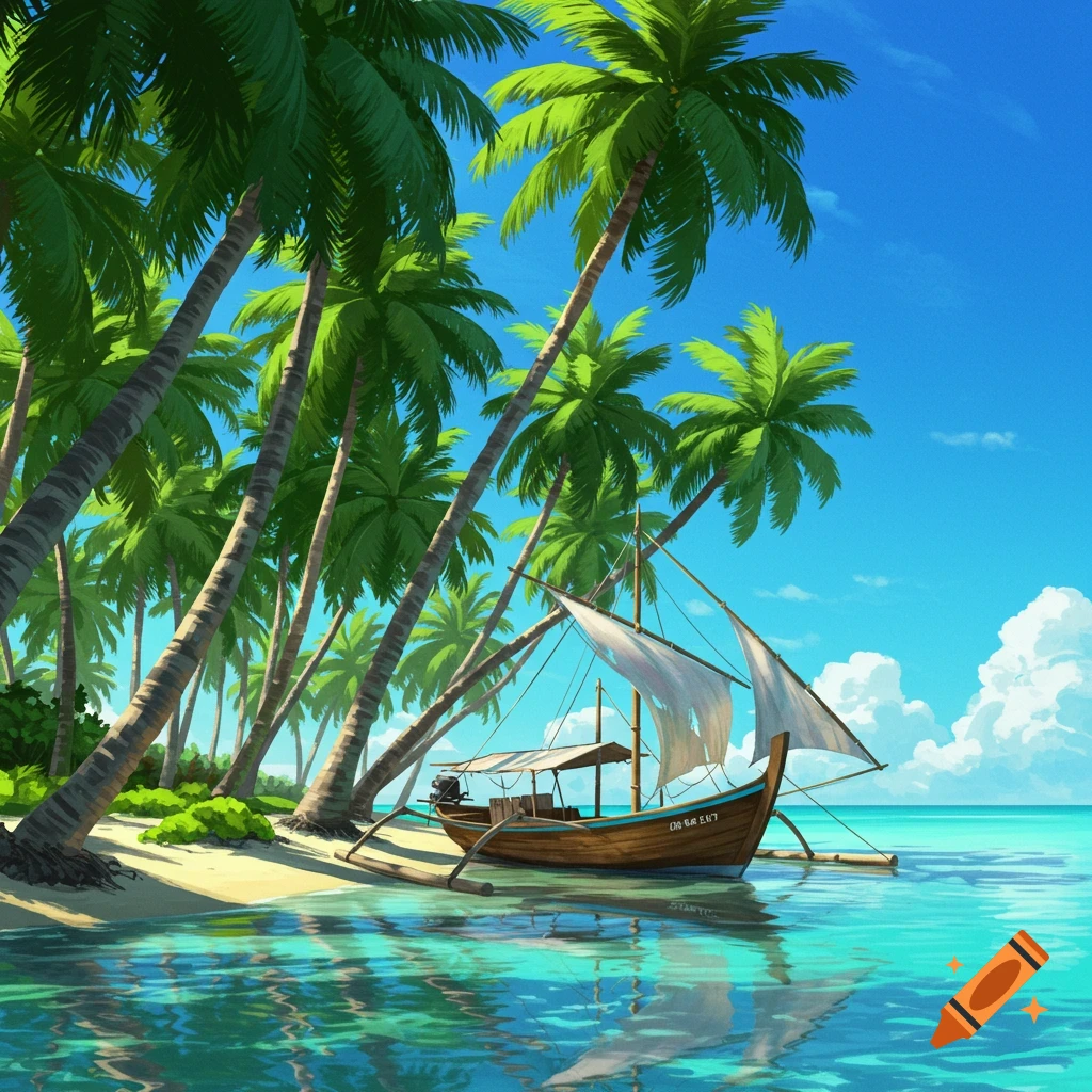 A tropical beach with palm trees and a boat in the water.