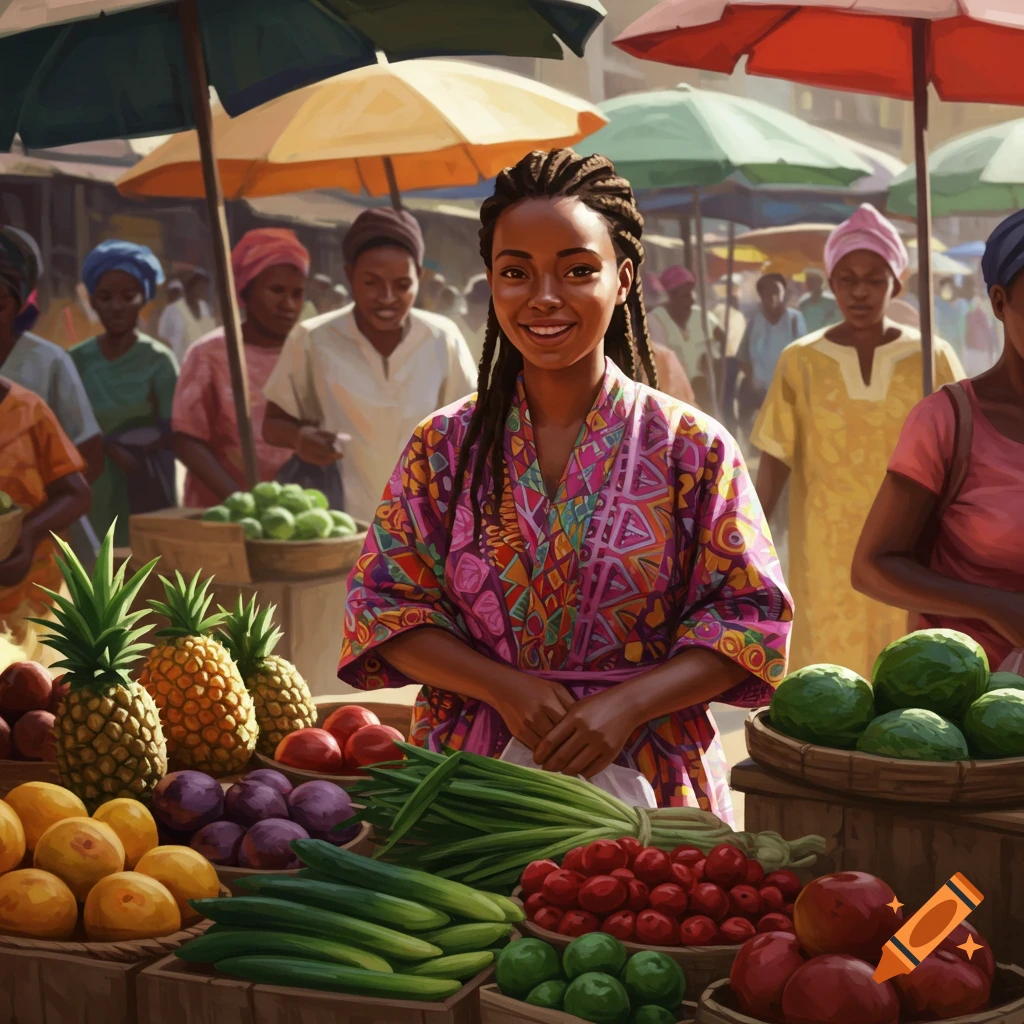 A young woman smiles behind a market stall overflowing with fruit and vegetables.