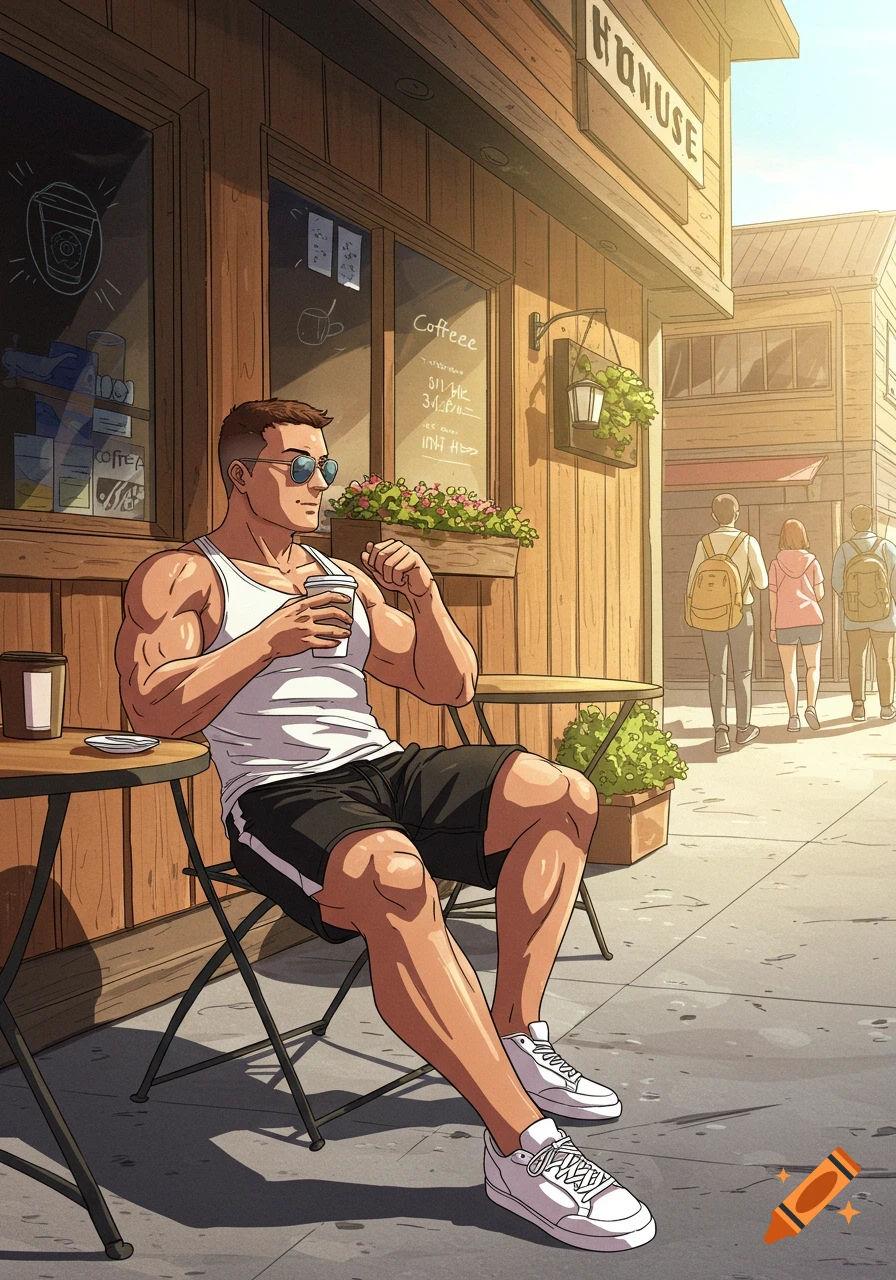 A muscular man in a white tank top and black shorts sits outside a coffee shop.