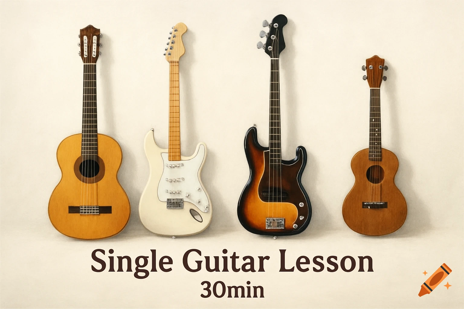 A classical guitar, electric guitar, bass, and ukulele with the text 'Single Guitar Lesson 30min'.