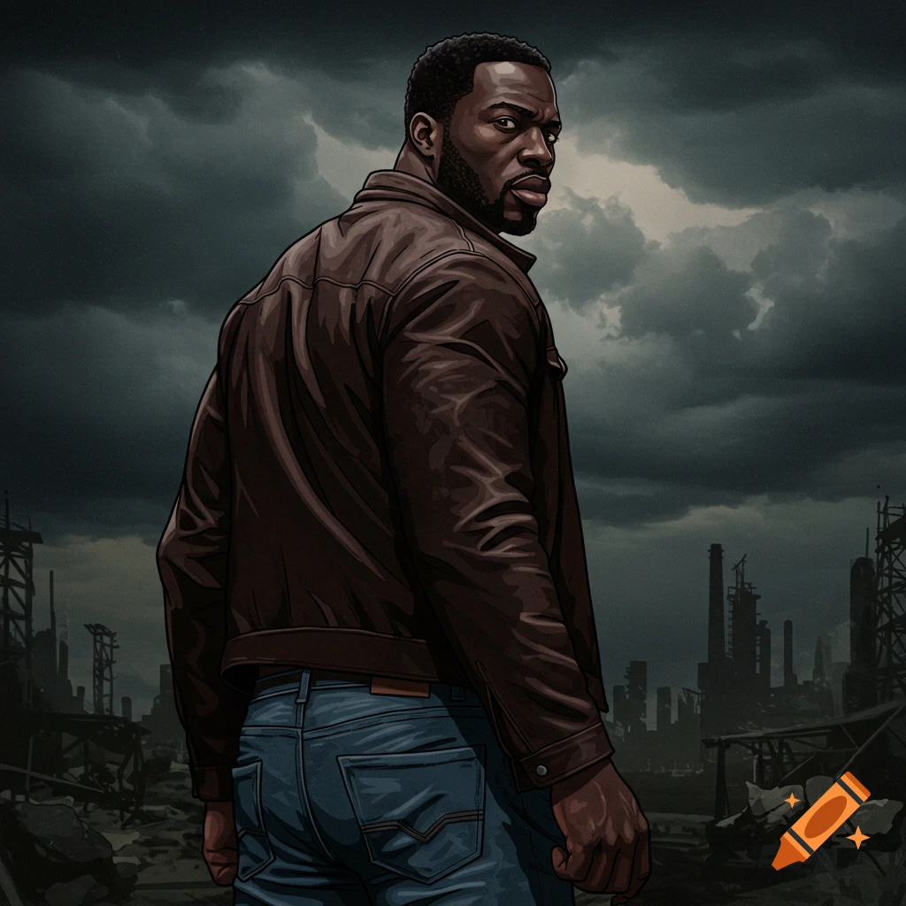 A man in a brown leather jacket and jeans looks over his shoulder in a ruined city under a stormy sky.