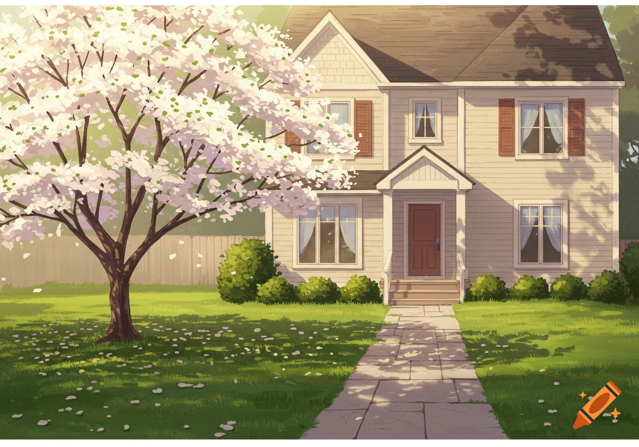 A house with a walkway and a large flowering tree in the yard.