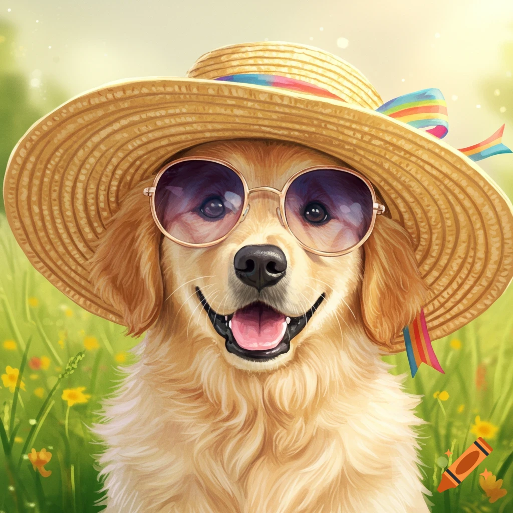A cute golden retriever wearing a straw hat with a rainbow ribbon and sunglasses in a grassy field.