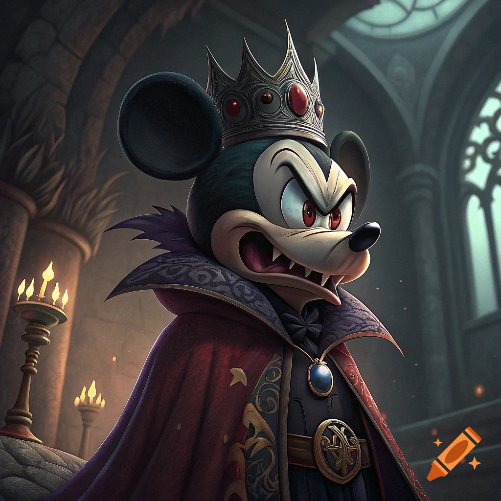 Mickey Mouse depicted as an angry evil king in a gothic setting.
