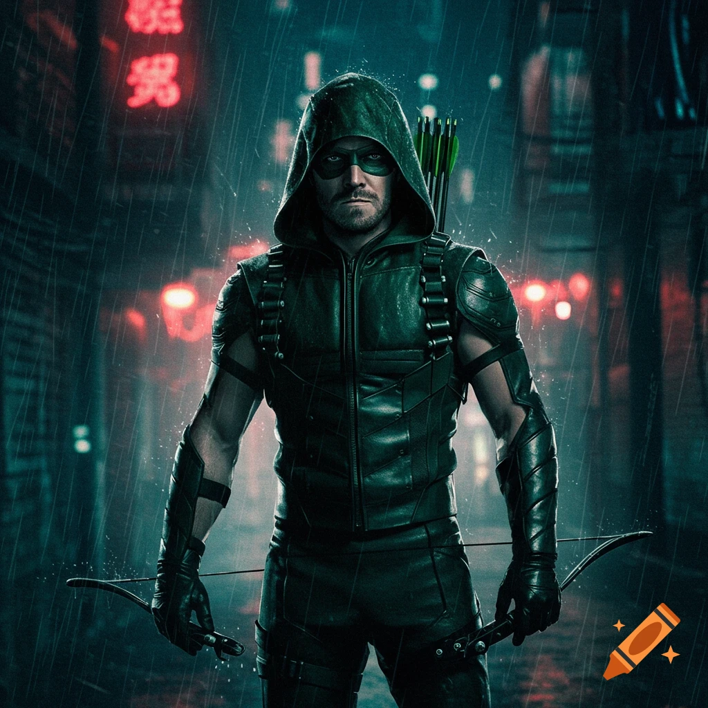 The Arrow standing in the rain at night