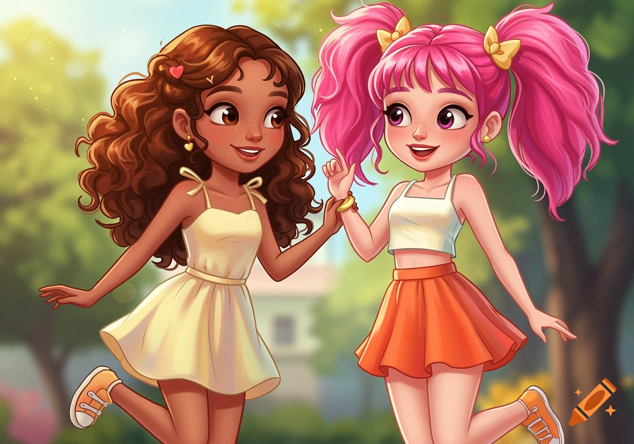 Two smiling cartoon girls, one with brown hair and one with pink hair, playing in a park