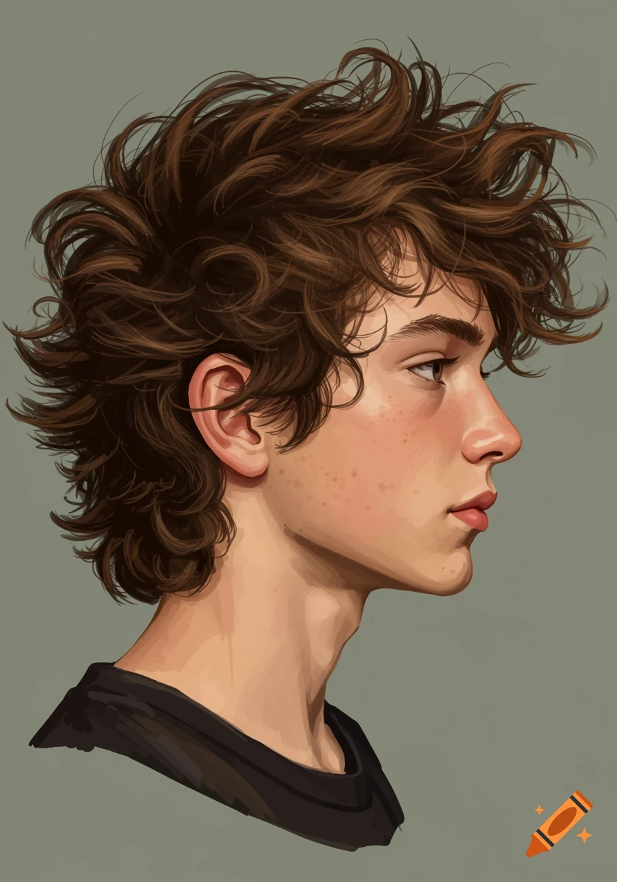 Portrait of a young person with messy brown hair, side profile.