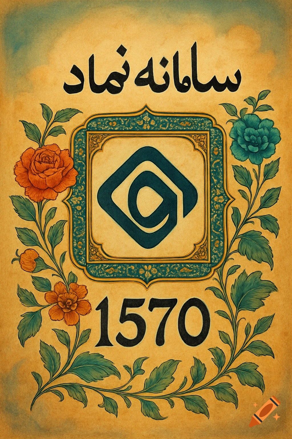 Persian style illustration with text 'سامانه نماد', number '1570', a logo, and floral decoration