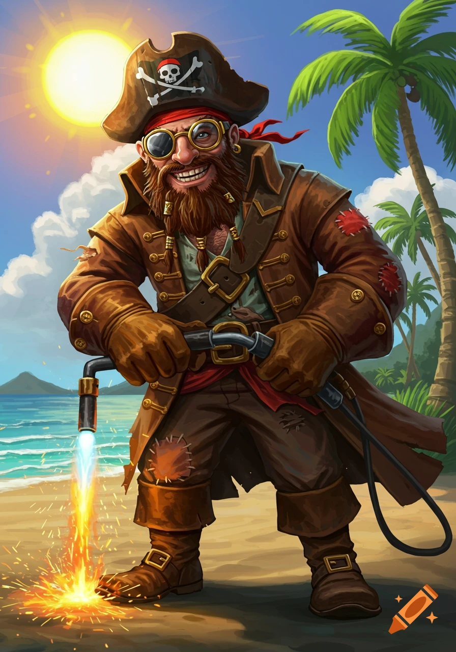 A pirate welder uses a torch on a beach.