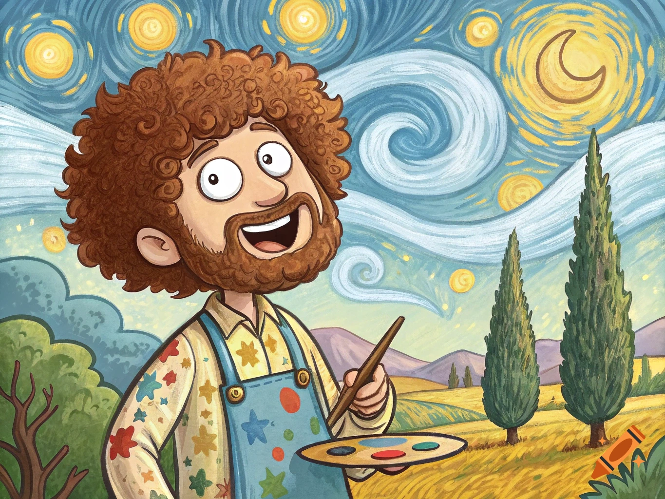 Cartoon character resembling Bob Ross painting in a Van Gogh Starry Night landscape.