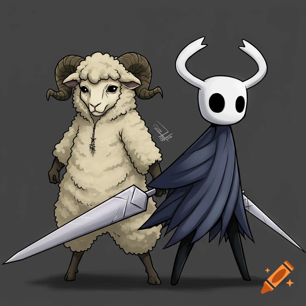 Two characters, one sheep-like creature and one masked knight, stand back to back with swords.