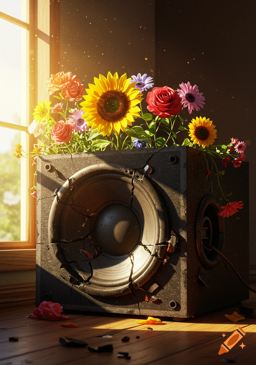 Colorful flowers growing out of a broken subwoofer bathed in sunlight.