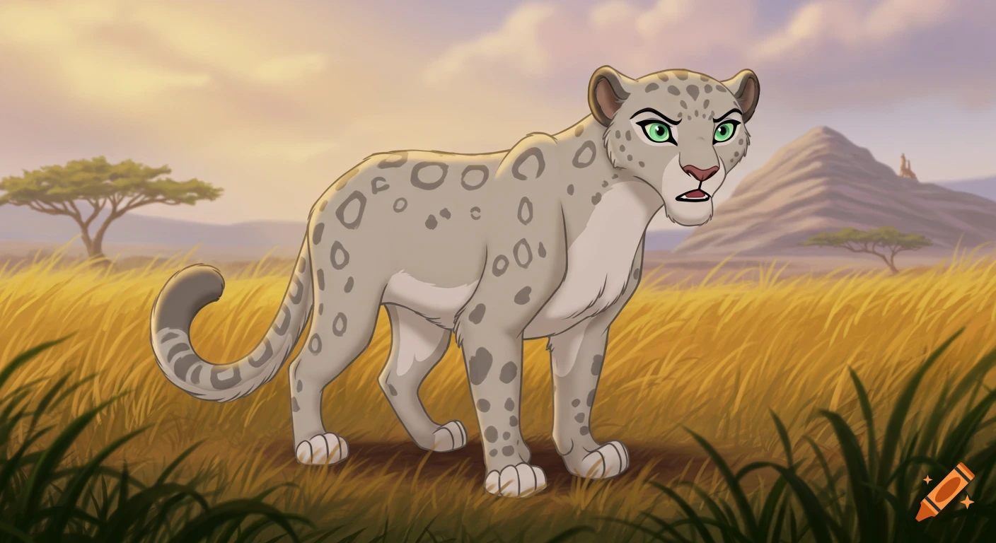 Cartoon snow leopardess with green eyes stands in a savannah landscape in The Lion King style.