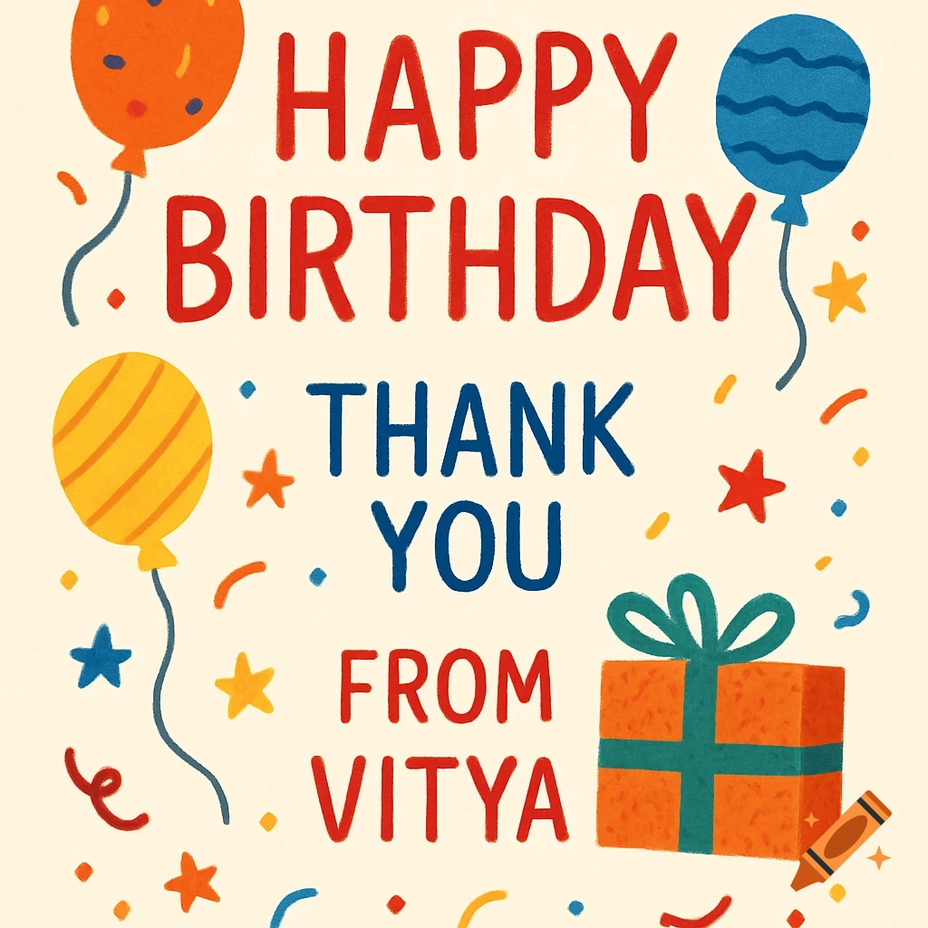 Happy Birthday Thank You From Vitya text on a colorful illustration of balloons, confetti, and a gift box.