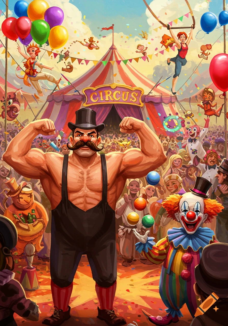 Strongman and clown in front of circus tent with performers and crowd.