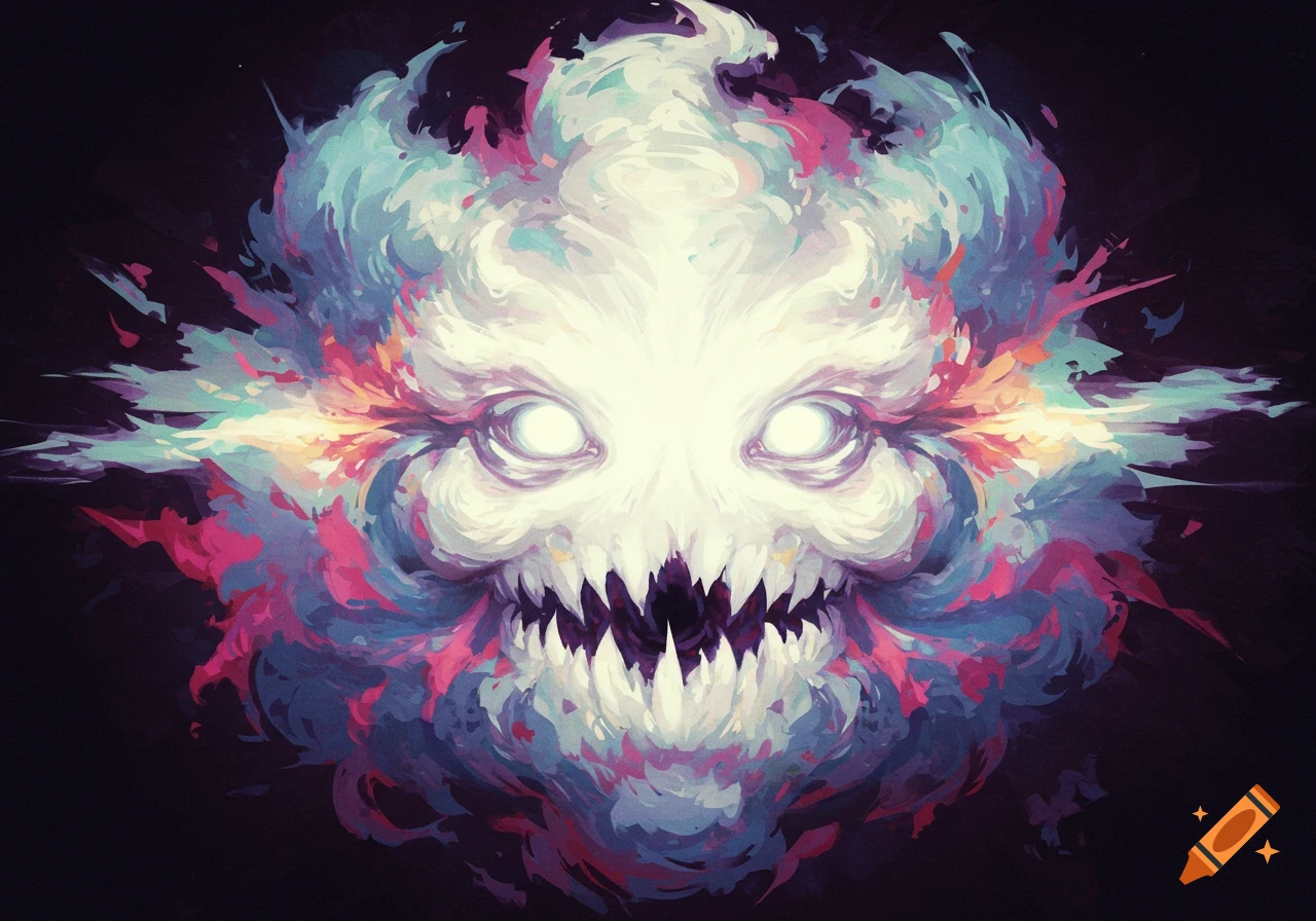 A stylized creature's face with glowing white eyes, sharp teeth, and an explosion of colorful brushstrokes forming its head against a dark background.