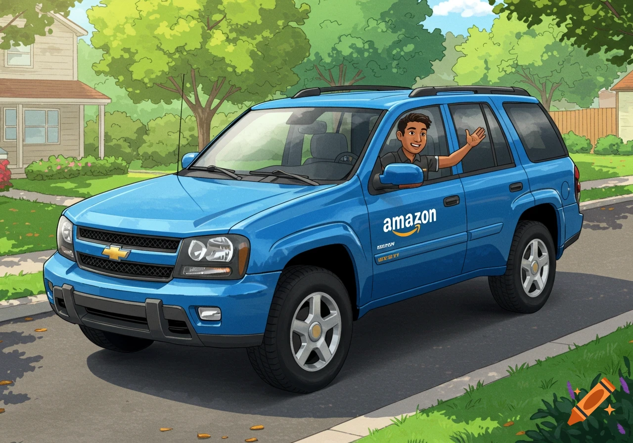 Image of an Amazon driver in a blue Chevy Trailblazer driving in a neighborhood.
