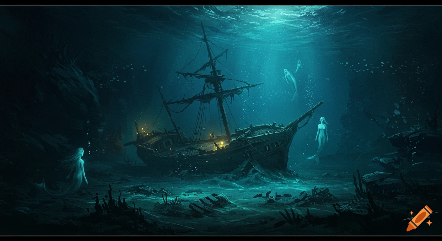 A dark underwater scene with a ghostly shipwreck, glowing lights, and mermaids.