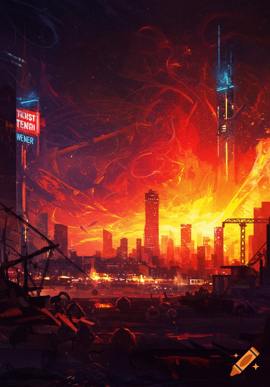 A futuristic or dystopian cityscape under a fiery red and orange sky.