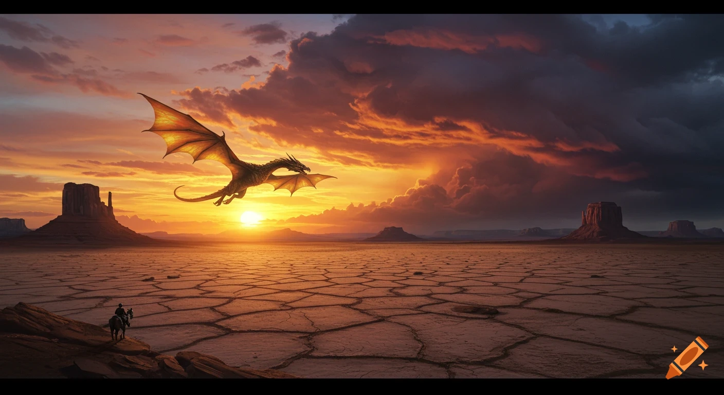 A dragon flying over a cracked desert landscape at sunset, with a person on a horse in the foreground.