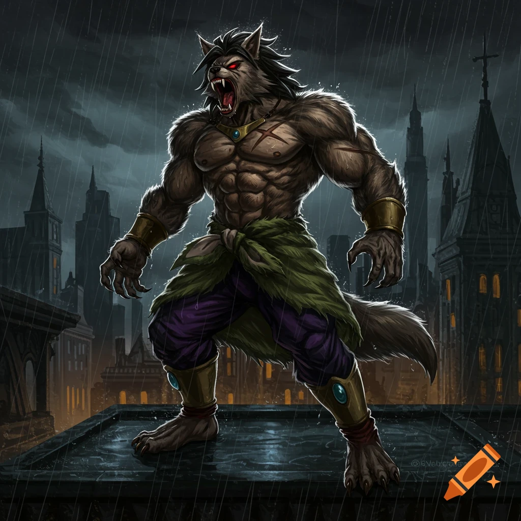 A muscular werewolf on a rainy rooftop in a gothic city
