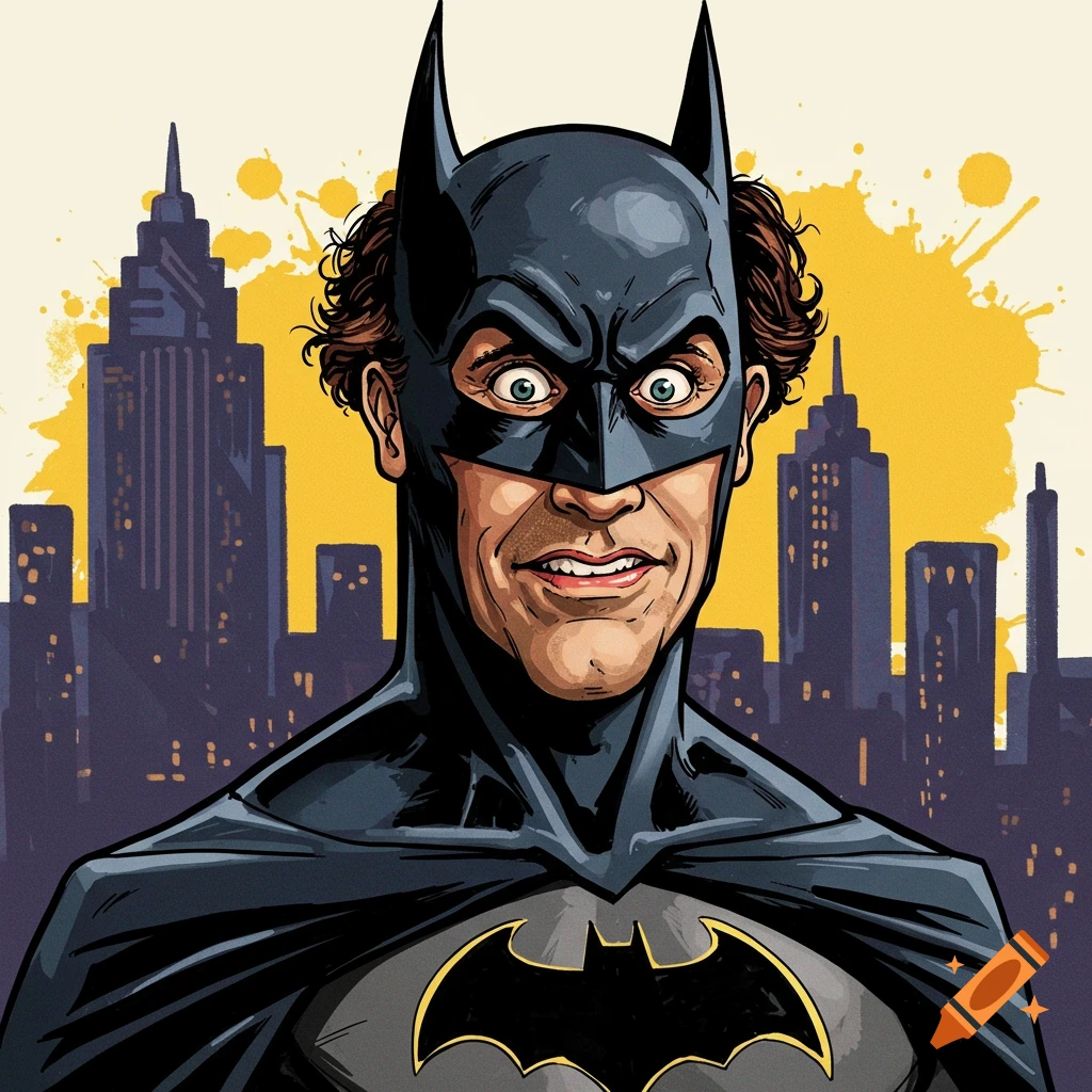 Cartoon illustration of Batman with the face of Kramer from Seinfeld standing in front of a city skyline.