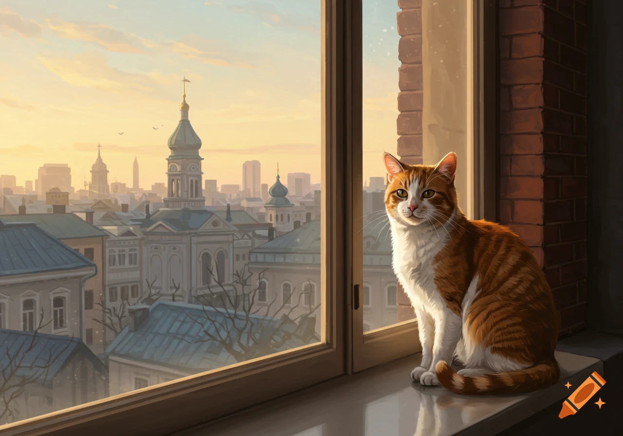 An orange and white cat sits on a windowsill overlooking a city at dawn.