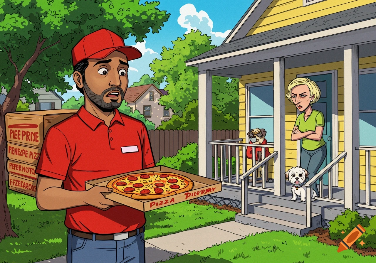 Cartoon illustration of a surprised pizza delivery man holding a pizza box while a woman and two dogs watch from a porch.