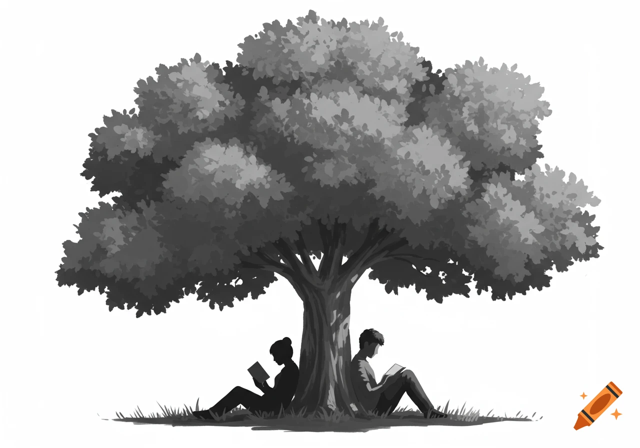 A grayscale illustration of two people reading under a large tree.