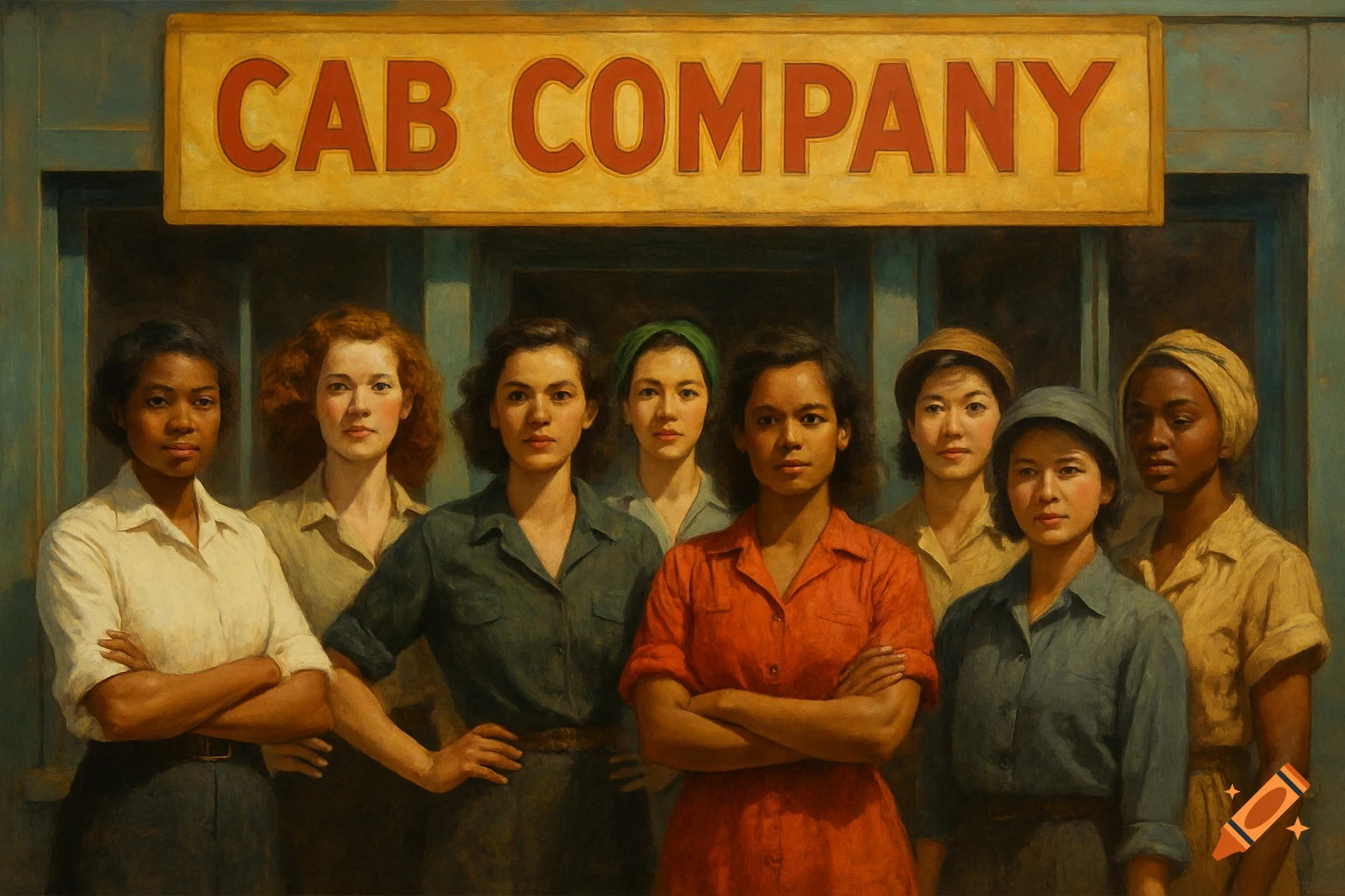 A diverse group of women standing in front of a Cab Company sign.
