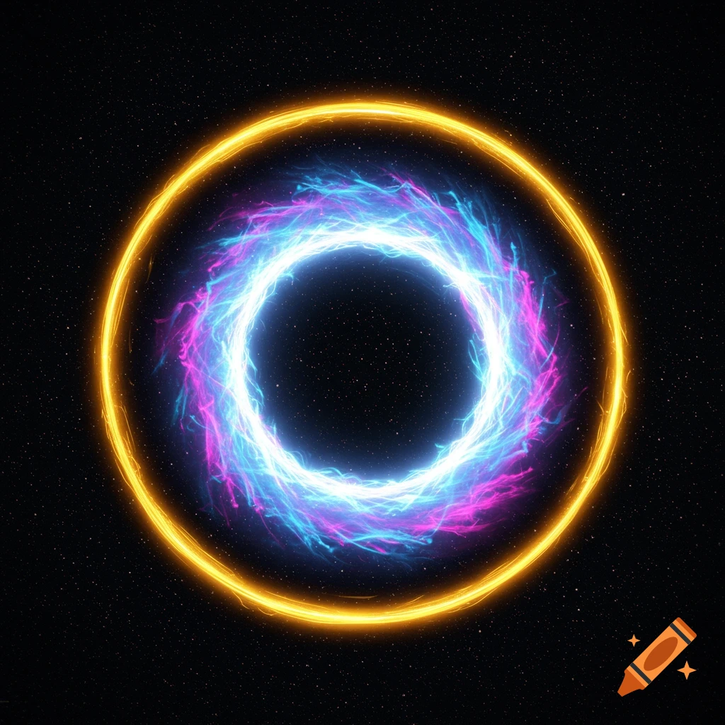 A glowing orange ring surrounds a turbulent ring of blue and pink energy in space with stars.
