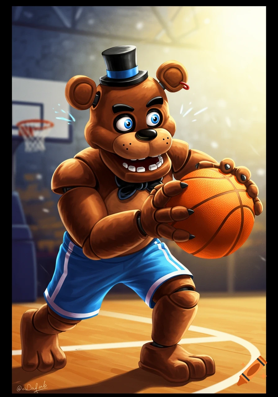 Freddy Fazbear plays basketball on a court.