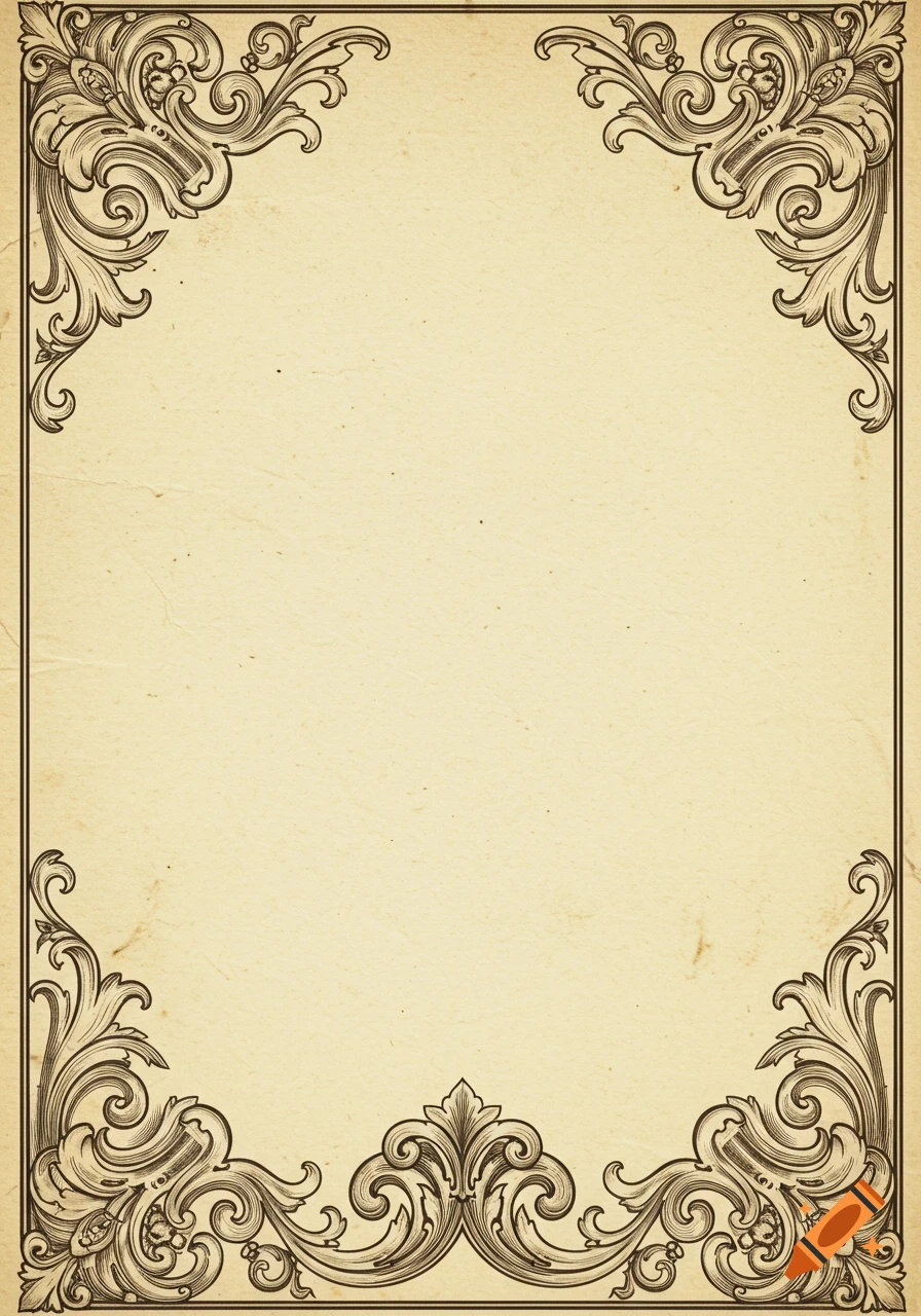 An ornate decorative border with intricate swirling patterns on a textured beige background.