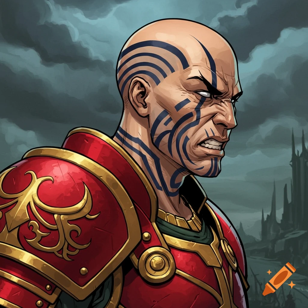 An angry bald man with face tattoos and red fantasy armor stands against a stormy sky with a distant castle.