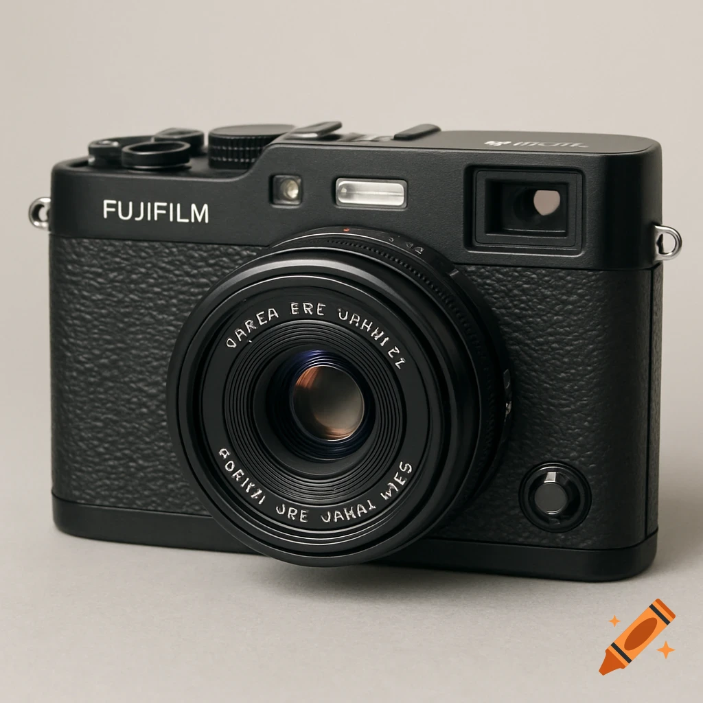 A black digital camera sits on a grey background in a studio shot.