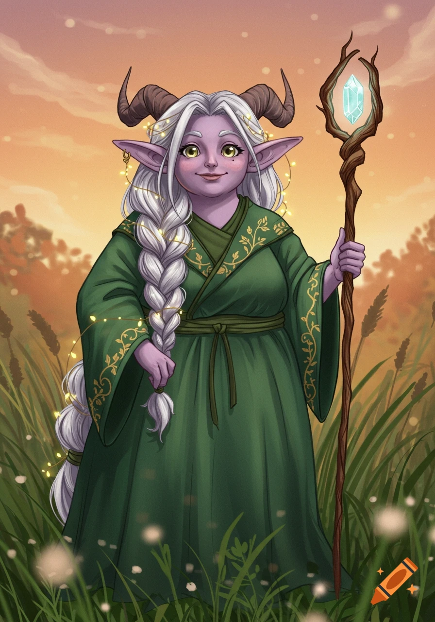 Illustration of a fantasy character with horns and pointed ears, wearing a green robe, holding a staff, standing in a field at sunset.