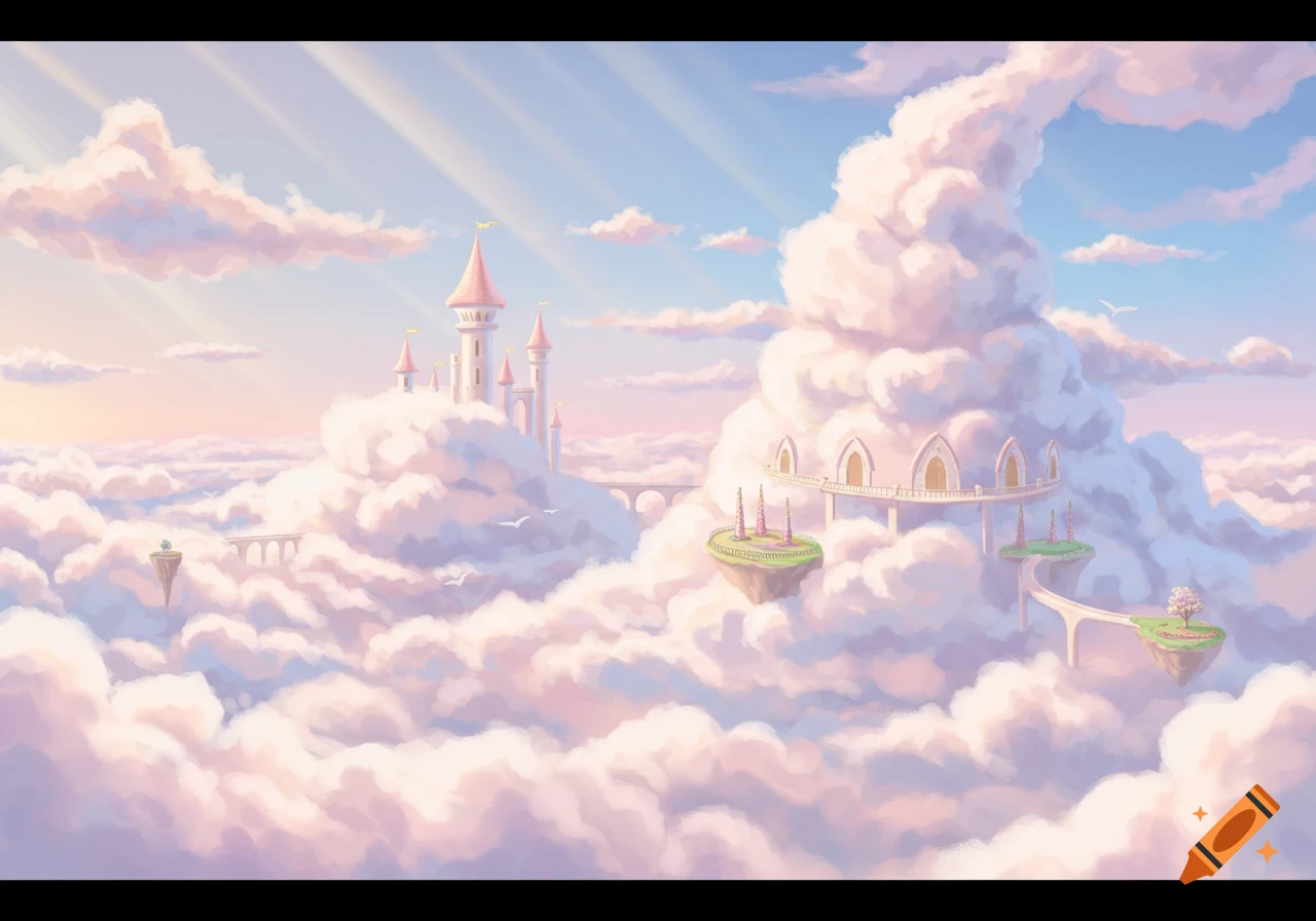 A fantasy cloud kingdom with castles, floating islands, and bridges among pink and white clouds.