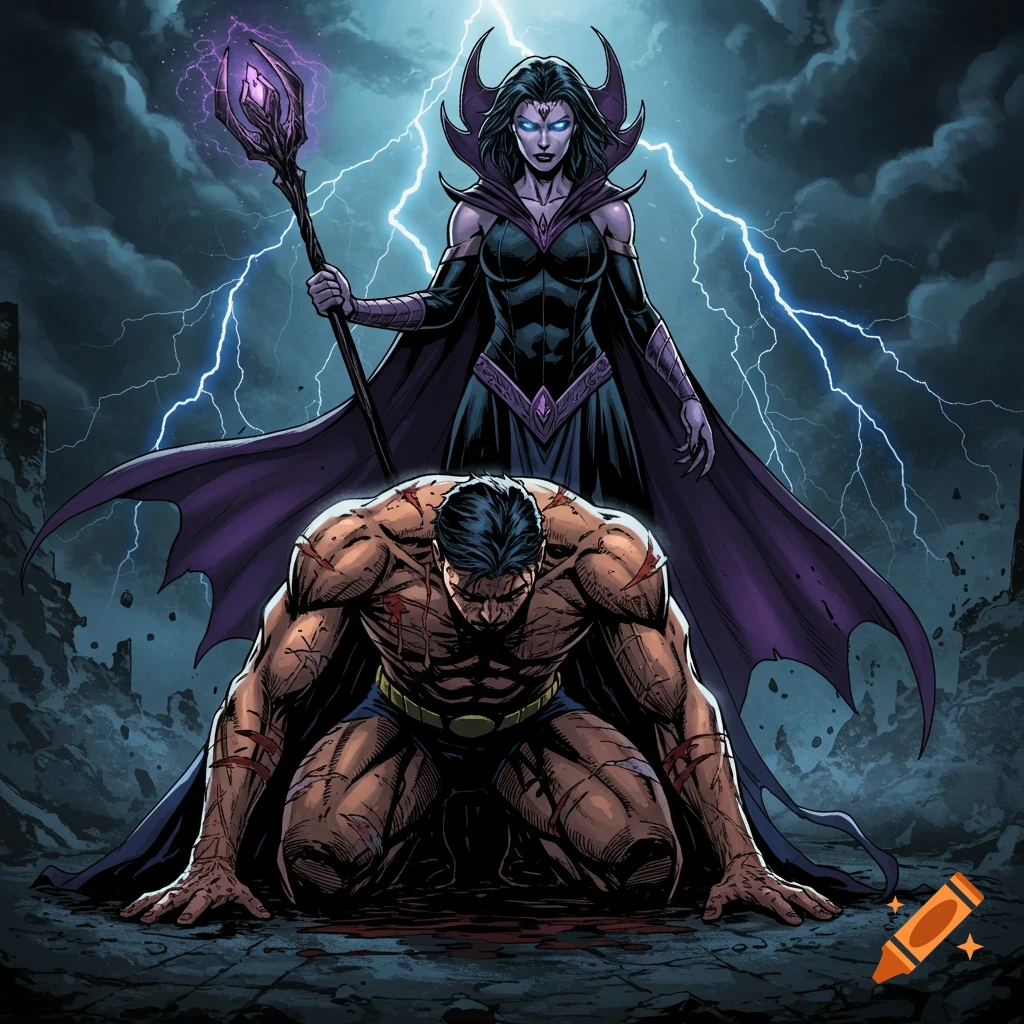 A muscular hero kneels defeated and bloody before a standing villainess holding a glowing staff, in a stormy landscape.