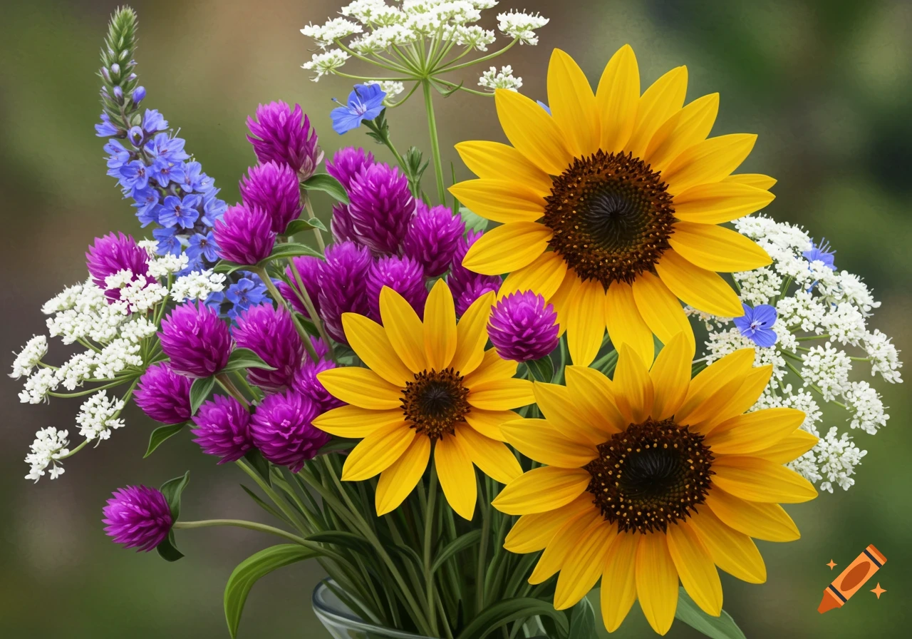 A colorful bouquet of sunflowers, purple gomphrena, white Queen Anne's lace, and blue Veronica flowers.