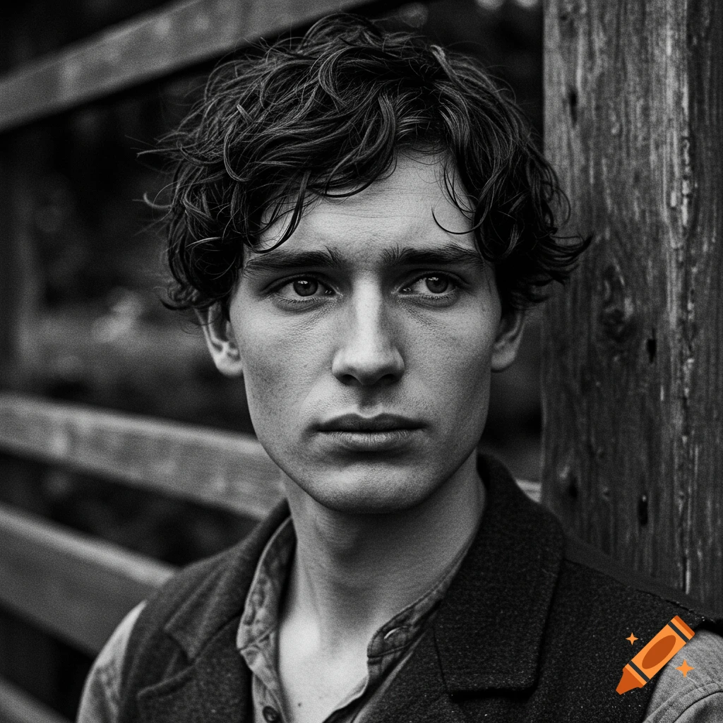 Black and white portrait of a young man with curly hair wearing a vest, standing by a wooden fence.