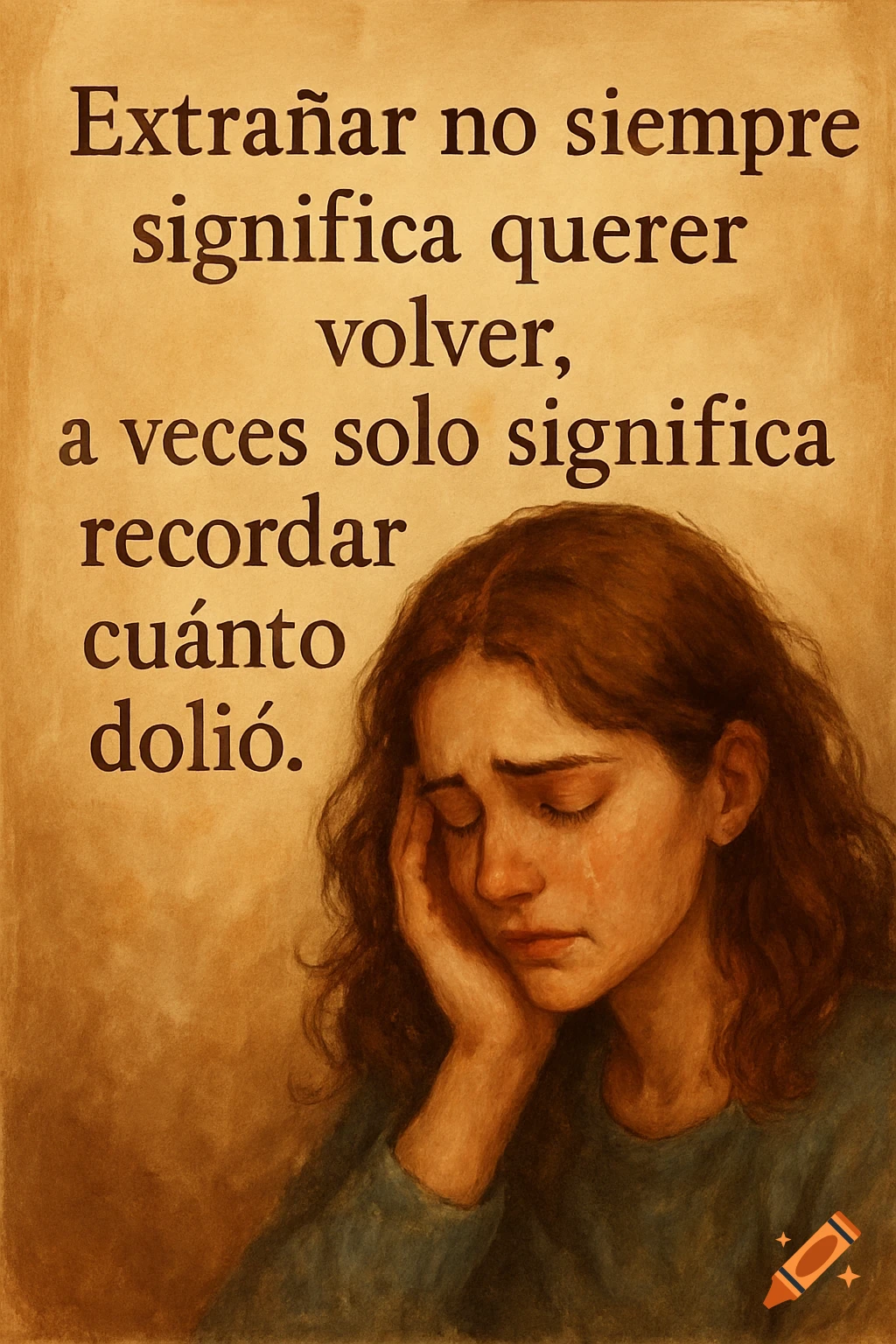 A crying woman with Spanish text overlay.